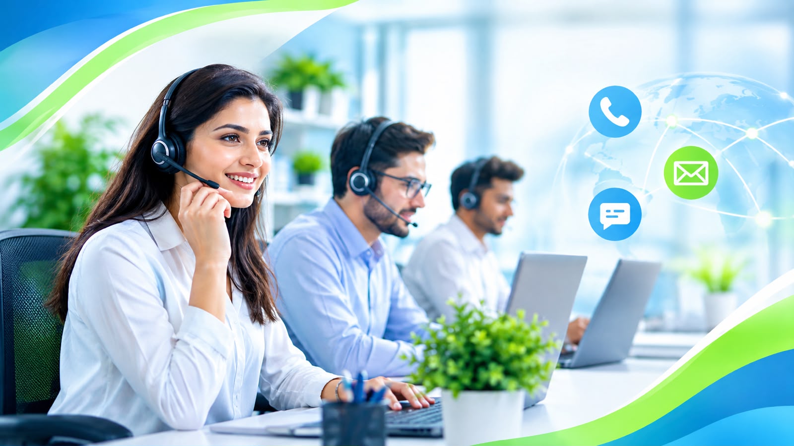 Friendly customer support agent assisting a caller at a modern desk